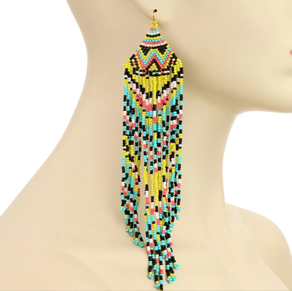 NWT Blue Turquoise Colorful Boho Beaded Fringe Earrings